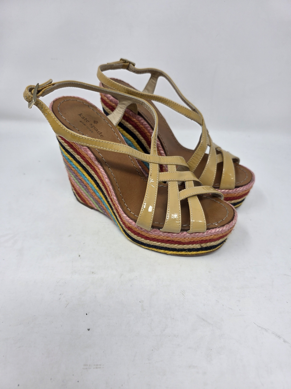 Kate Spade Multicolor Woven Raffia Platform Wedge Sandals Patent Tan Size 6.5